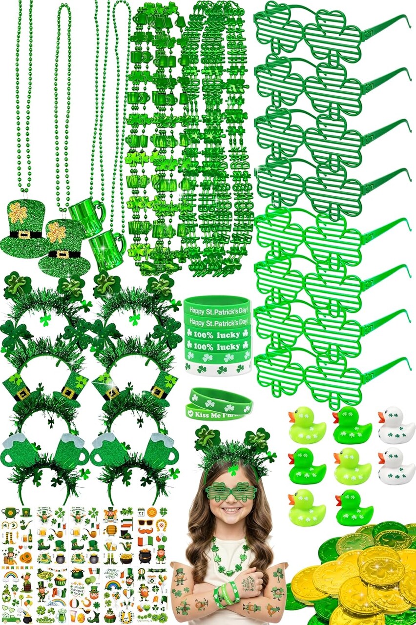 St. Patrick’s Party Supplies: 60-Piece Party Accessories Kit – Shamrock Headbands, Necklaces, Glasses, Bracelets, Rubber Ducks, Tattoos & Irish Coins for Celebration